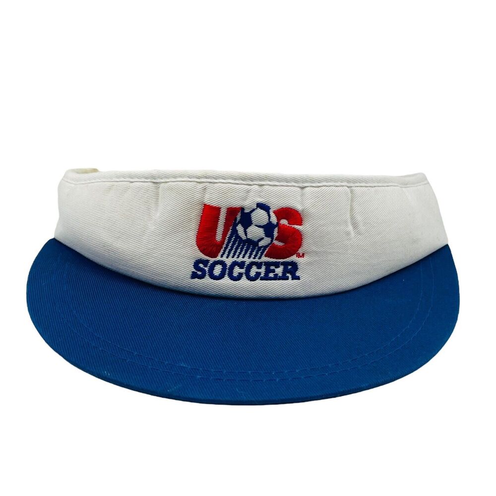 Vintage Anaconda Sports US Soccer Olympics White Blue Stretch Visor Hat Cap OSFM
